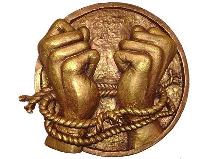 Powerhouse of Deliverance - Bronze relief of two hands coming undone from rope